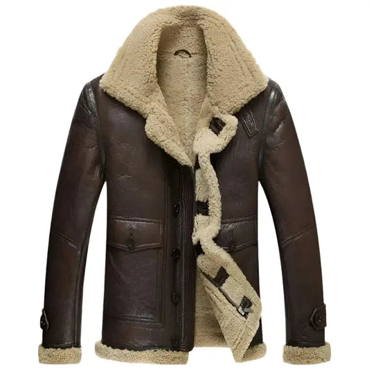 Men’s Short Shearling B-3 Flight Jacket – Lambskin Motorcycle Fur Coat-0